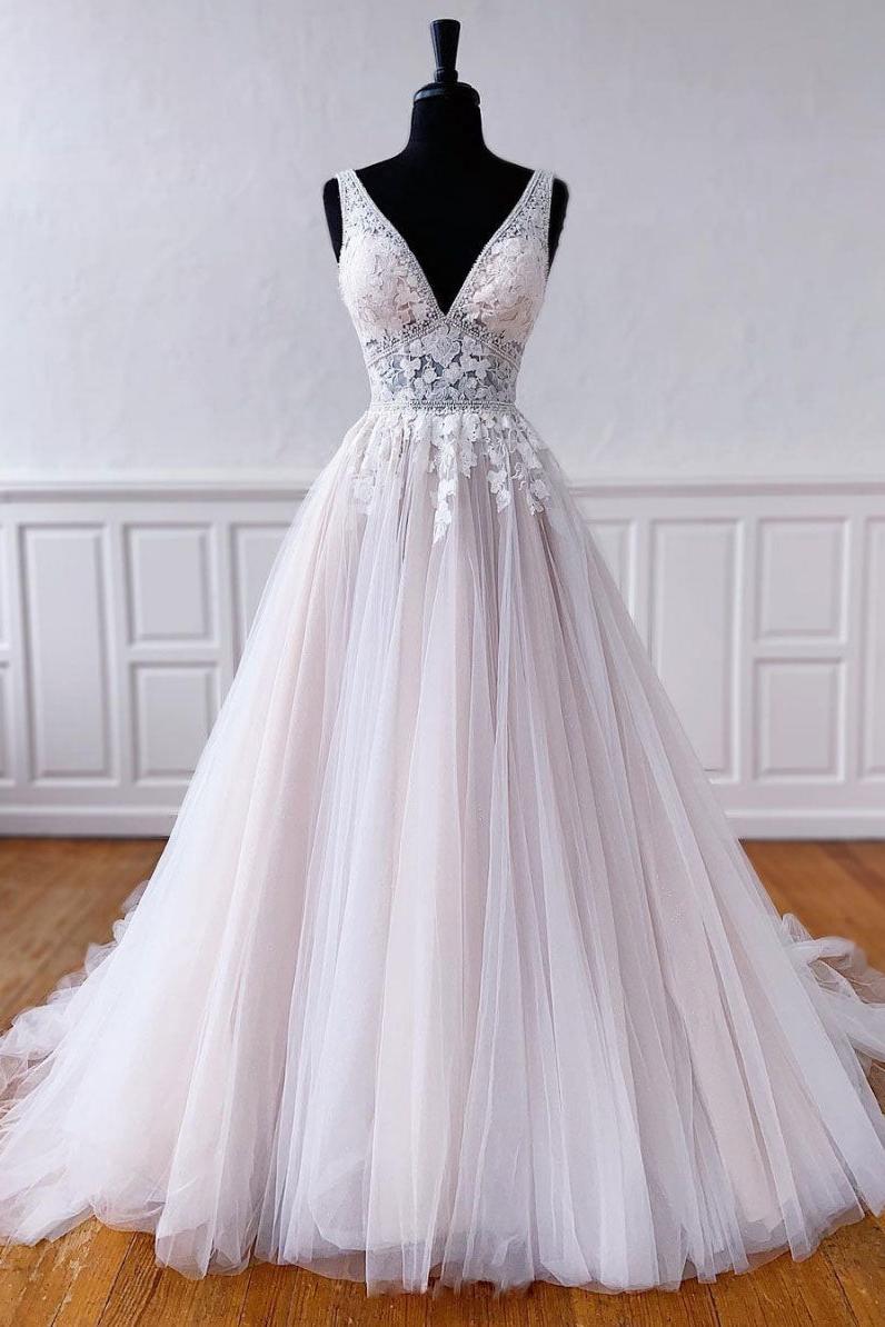 Ivory Wedding Dress Tulle Lace Long A Line Bridal Dress