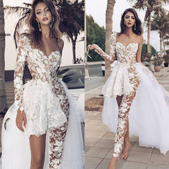 Ivory Wedding Dress Tulle One Shoulder Long Sleeves Bridal Dress With Panel Train