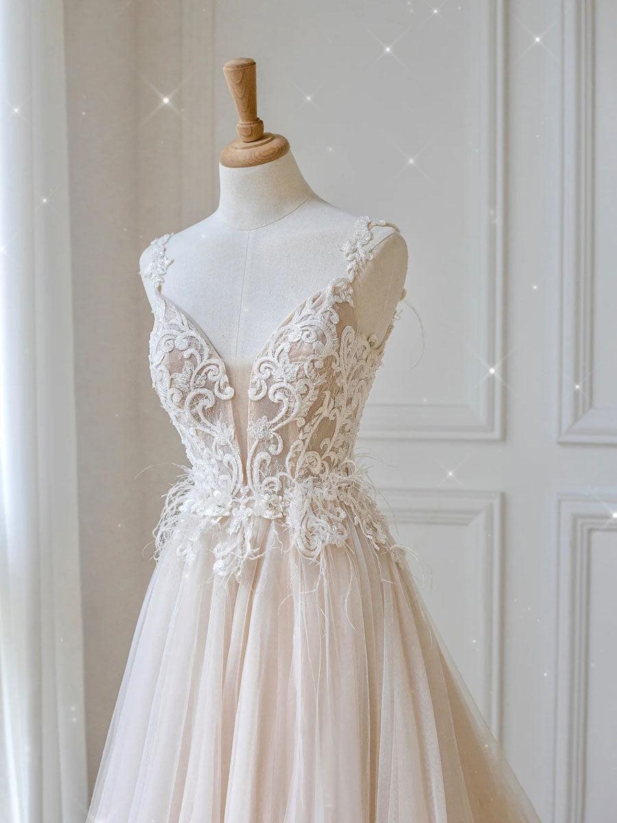 Ivory Wedding Dress V Neck Tulle Lace Long Bridal Gown