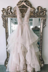 Ivory Wedding Dress V Neck Tulle LaceAppliqued Long Bridal Gown