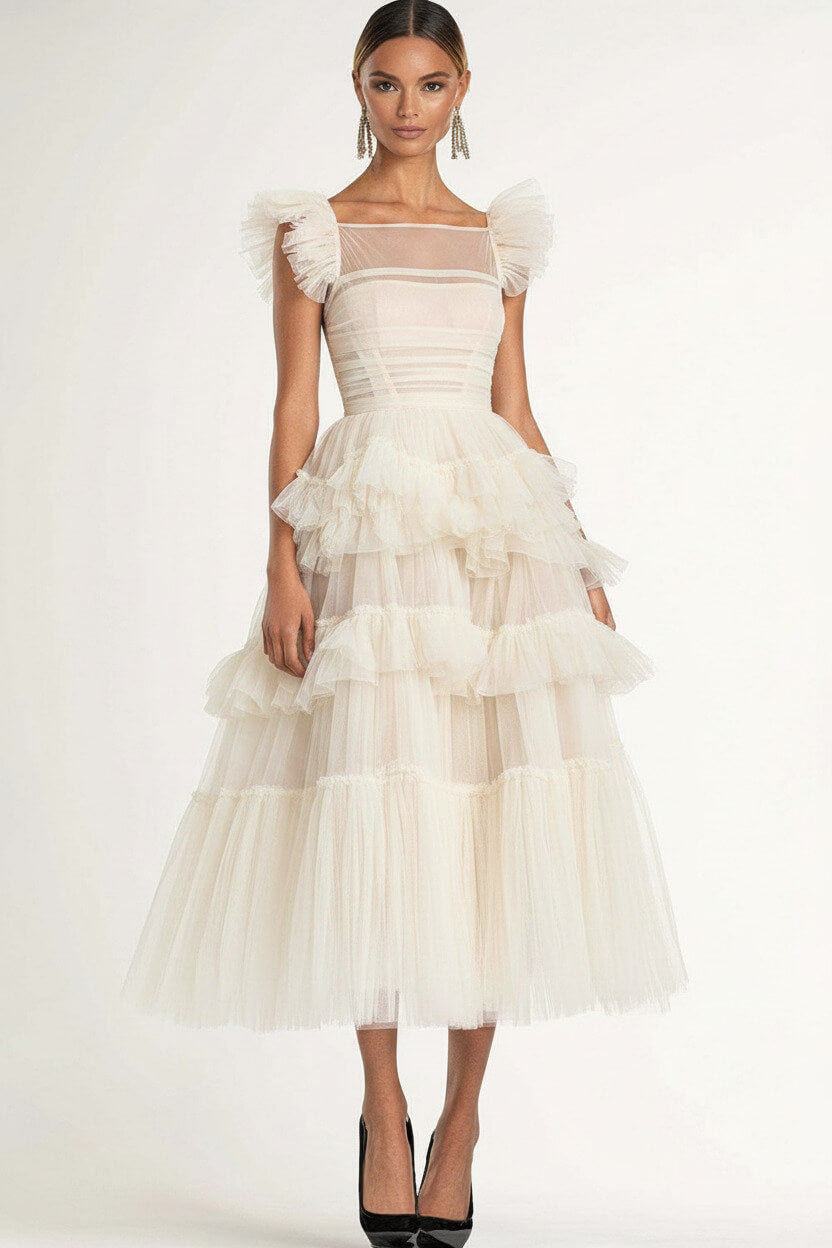 Dressystars Tea Length Black Wedding Guest Dress A-Line Flatter Sleeves Tulle Formal Dress With Ruffles