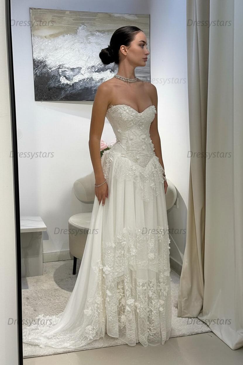 Yellow Lace A Line Prom Dress Sweetheart Lace Appliqued Formal Dress with 3D Flowers