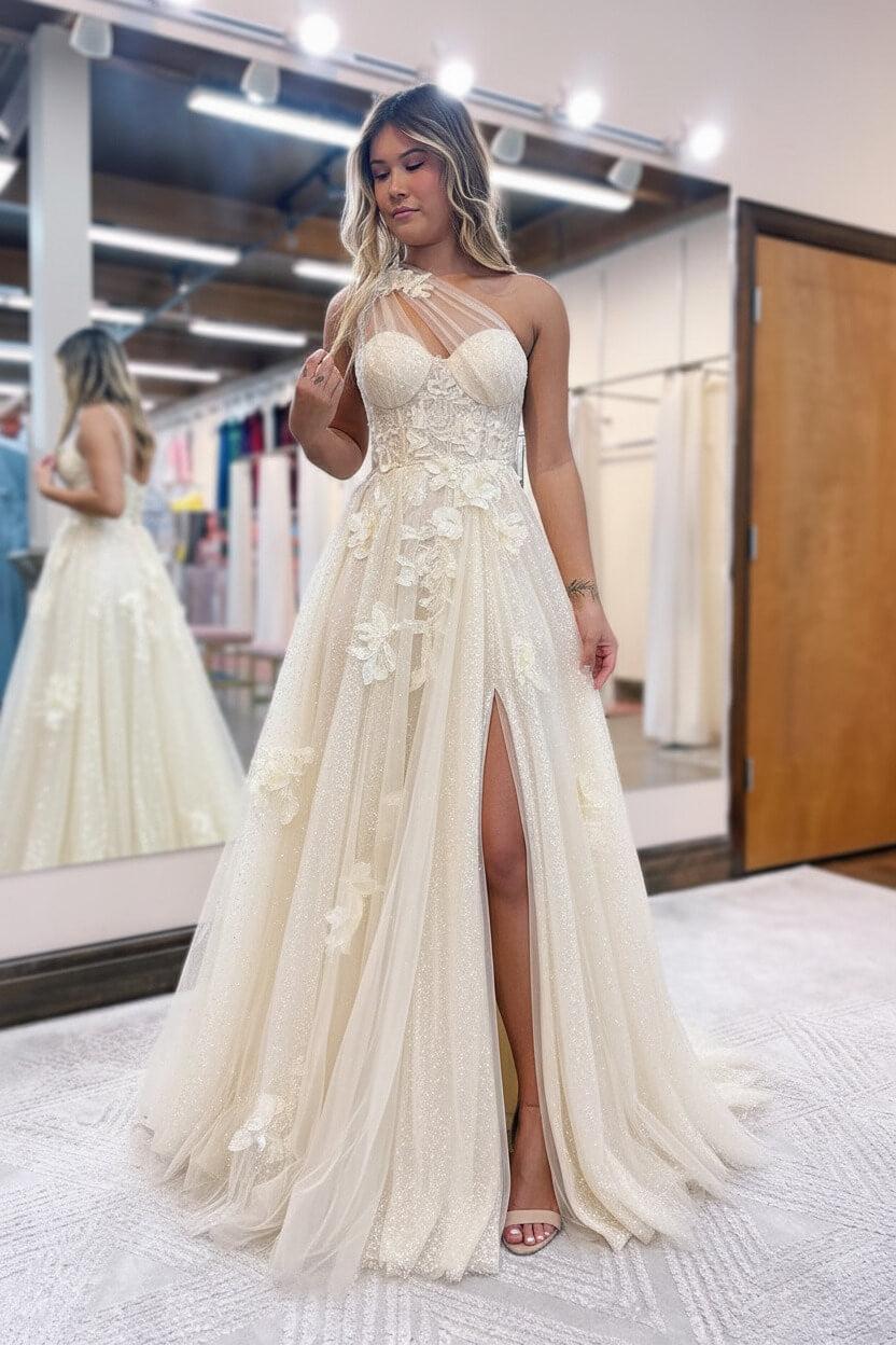 A Line Prom Dress One Shoulder Black Long Appliqued Evening Dress