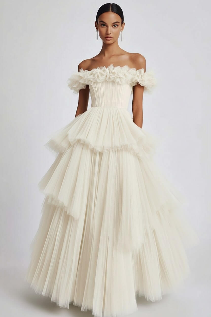 Dusty Sage Formal Dress Tulle Off The Shoulder Ball Gown Wedding Guest Dress With Ruffles