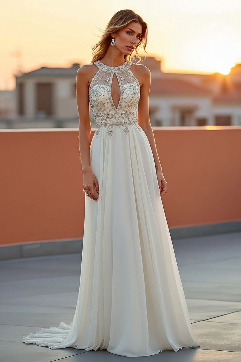 Dressystars Beaded Navy Wedding Guest Dress Halter Long Formal Dress With Embroideries