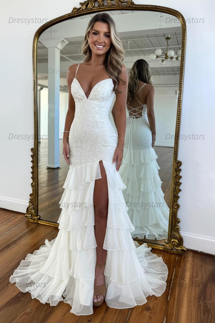 Dressystars Yellow Mermaid Spaghetti Straps Lace Up Long Prom Dress With Ruffle Skirt Formal Evening Gown