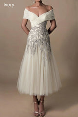 Off The Shoulder Wedding Dress Tea Length Mermaid Evening Formal Dress with Lace