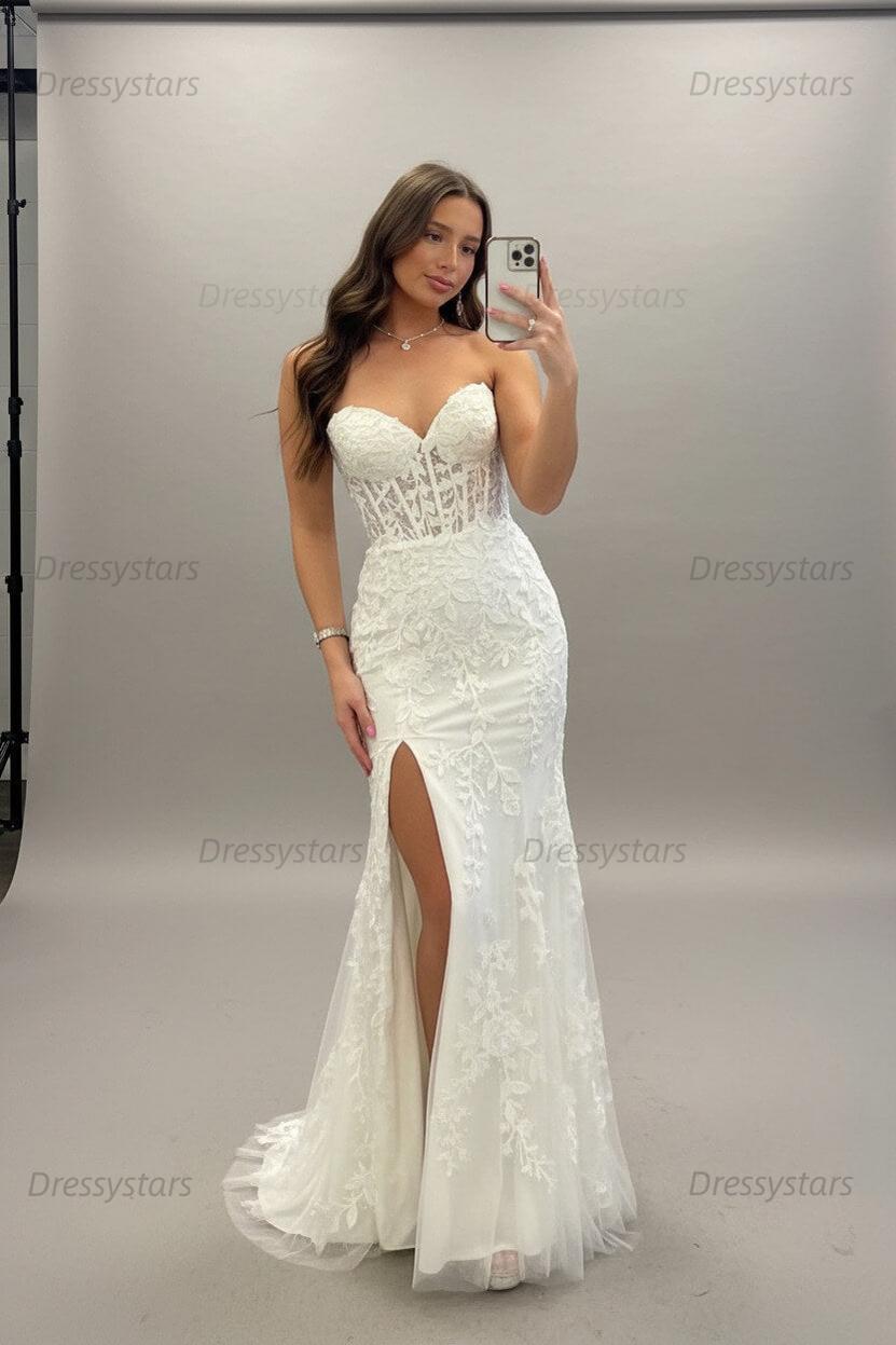 Black Prom Dress Corset Sweetheart Long Lace Mermaid Evening Dress with Slit