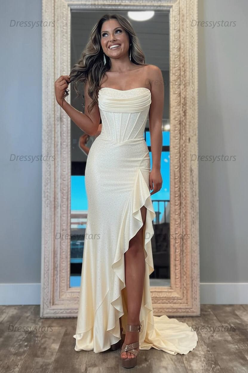 Orange Prom Dress Strapless Corset Long Evening Dress with Slit