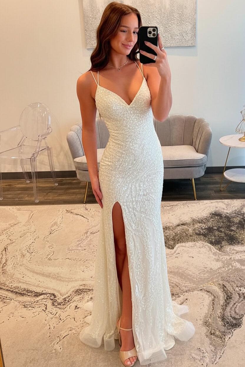 Dressystars Silver Sequin Spaghetti Strap Mermaid Slit Prom Dress With Crisscross Lace-Up Back Formal Evening Gown