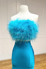 Jade Two Piece Prom Dress Feathers Strapless Satin Long Evening Dress with Split