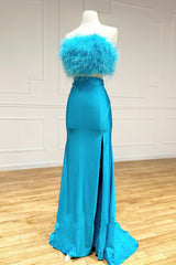 Jade Two Piece Prom Dress Feathers Strapless Satin Long Evening Dress with Split