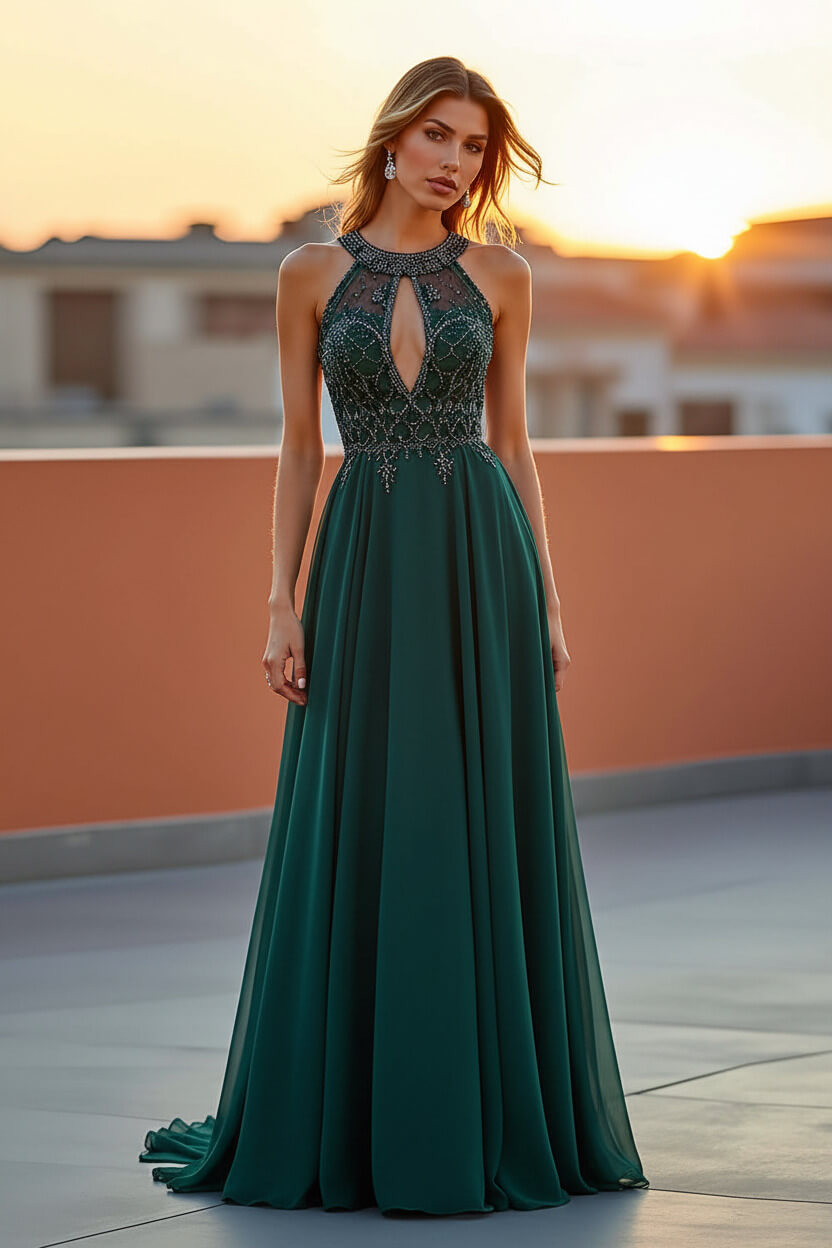 Dressystars Beaded Navy Wedding Guest Dress Halter Long Formal Dress With Embroideries