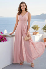 Jumpsuit V-Neck Sleeveless Chiffon Bridesmaid Dresses with Split Side