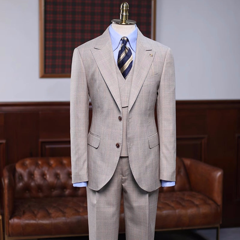 Khaki Plaid Three Piece Peaked Lapel Prom Suit