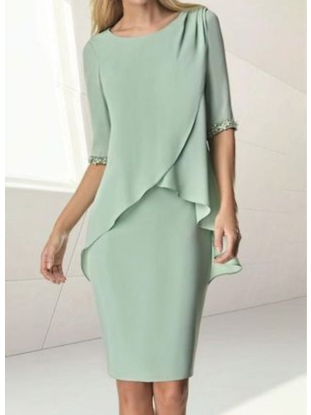 Knee-Length Beaded Sheath Dress with Ruching for the Mother of the Bride