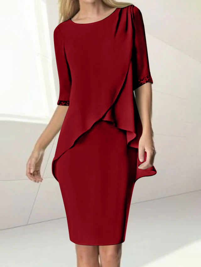 Knee-Length Beaded Sheath Dress with Ruching for the Mother of the Bride