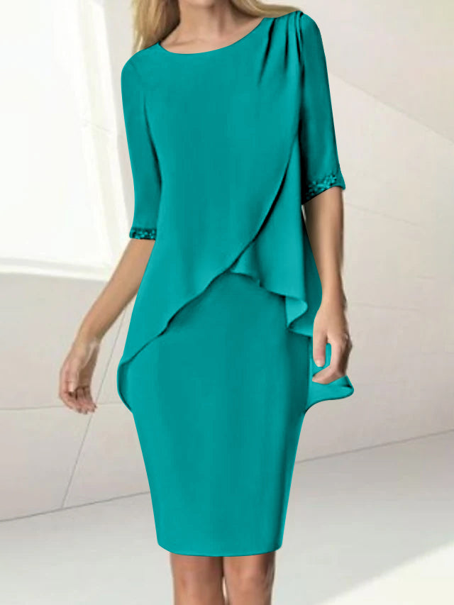 Knee-Length Beaded Sheath Dress with Ruching for the Mother of the Bride