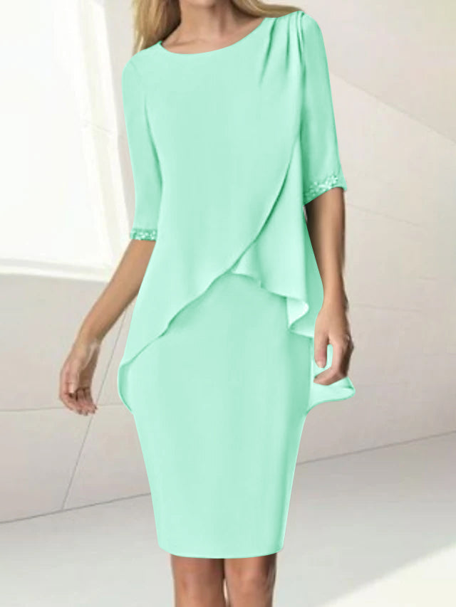 Knee-Length Beaded Sheath Dress with Ruching for the Mother of the Bride