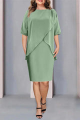 Knee-Length Plus Size Beaded and Ruched Mother of the Bride Column Jewel Neck Dress