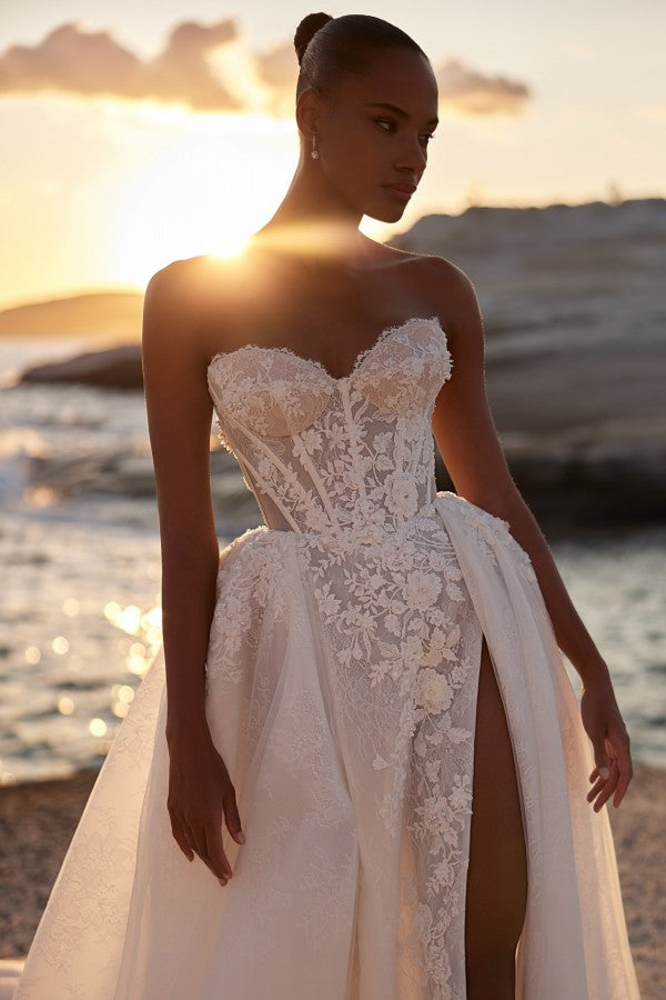 Lace A Line Wedding Dress with Corset Bodice and Side Slit