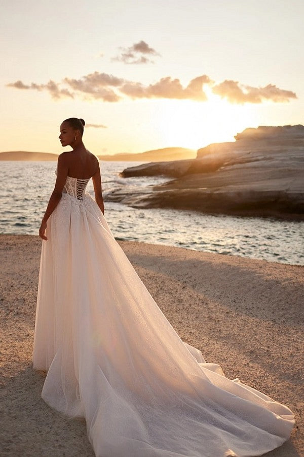 Lace A Line Wedding Dress with Corset Bodice and Side Slit