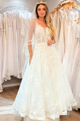 Lace A Line Wedding Dress with Spaghetti Straps and Open Back
