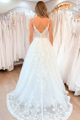 Lace A Line Wedding Dress with Spaghetti Straps and Open Back
