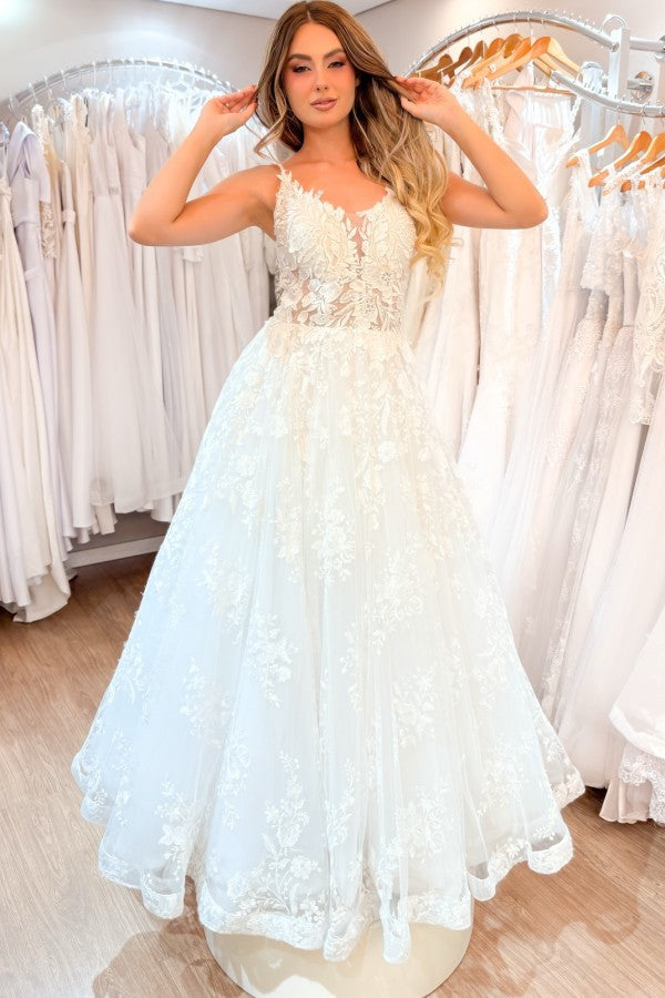 Lace A Line Wedding Dress with Spaghetti Straps and Open Back