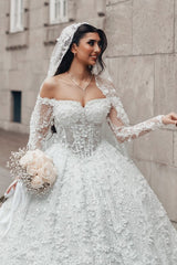 Lace Ball Gown Wedding Dress with 3D Flowers and Off Shoulder Sleeves