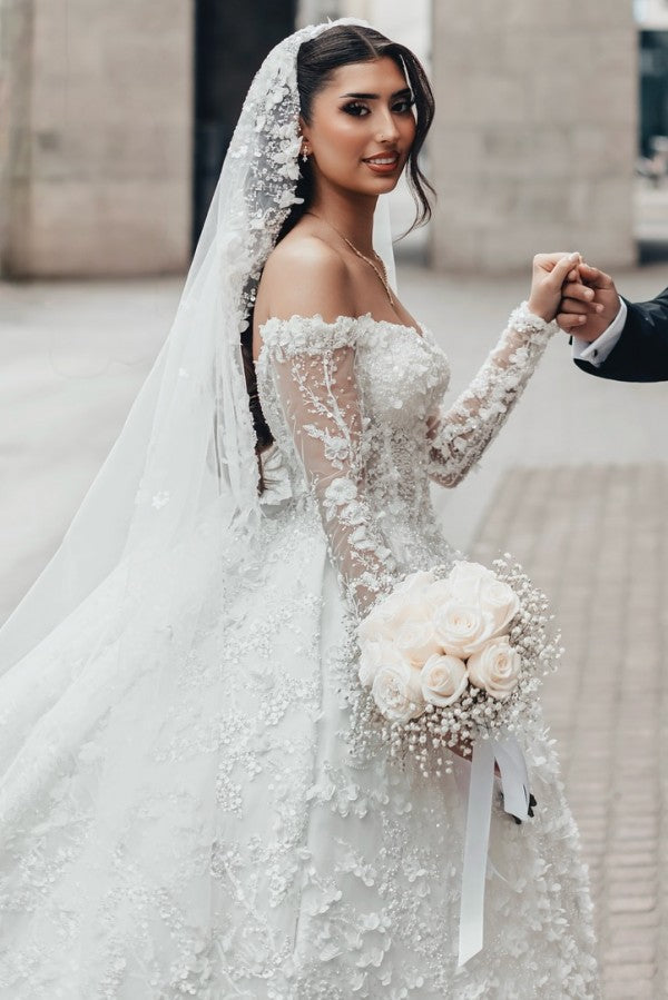 Lace Ball Gown Wedding Dress with 3D Flowers and Off Shoulder Sleeves