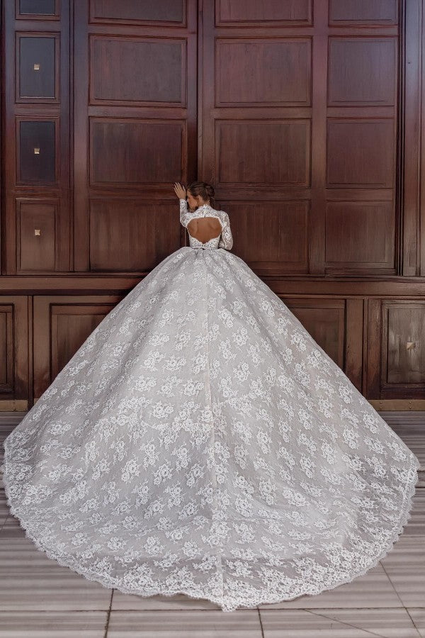 Lace Ball Gown Wedding Dress with Long Sleeves and Keyhole Back