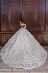 Lace Ball Gown Wedding Dress with Long Sleeves and Keyhole Back