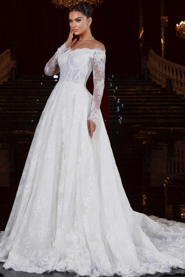 Lace Ball Gown Wedding Dress with Off Shoulder Long Sleeves