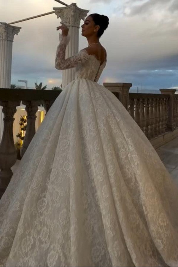 Lace Ball Gown Wedding Dress with Off Shoulder Long Sleeves