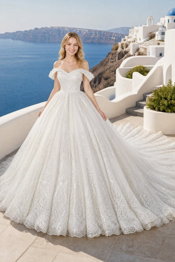 Lace Ball Gown Wedding Dress with Off Shoulder Neckline and Cathedral Train