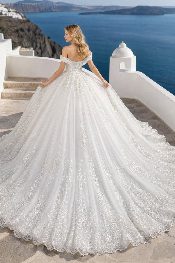 Lace Ball Gown Wedding Dress with Off Shoulder Neckline and Cathedral Train