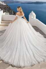 Lace Ball Gown Wedding Dress with Off Shoulder Neckline and Cathedral Train