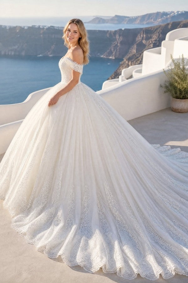 Lace Ball Gown Wedding Dress with Off Shoulder Neckline and Cathedral Train