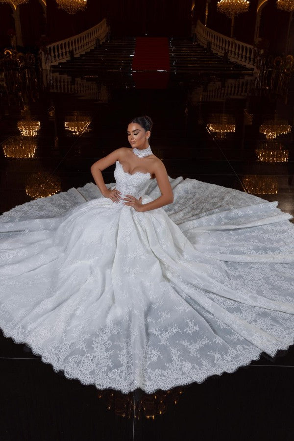 Lace Ball Gown Wedding Dress with Sweetheart Corset Bodice and Scalloped Hem