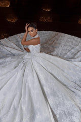 Lace Ball Gown Wedding Dress with Sweetheart Corset Bodice and Scalloped Hem