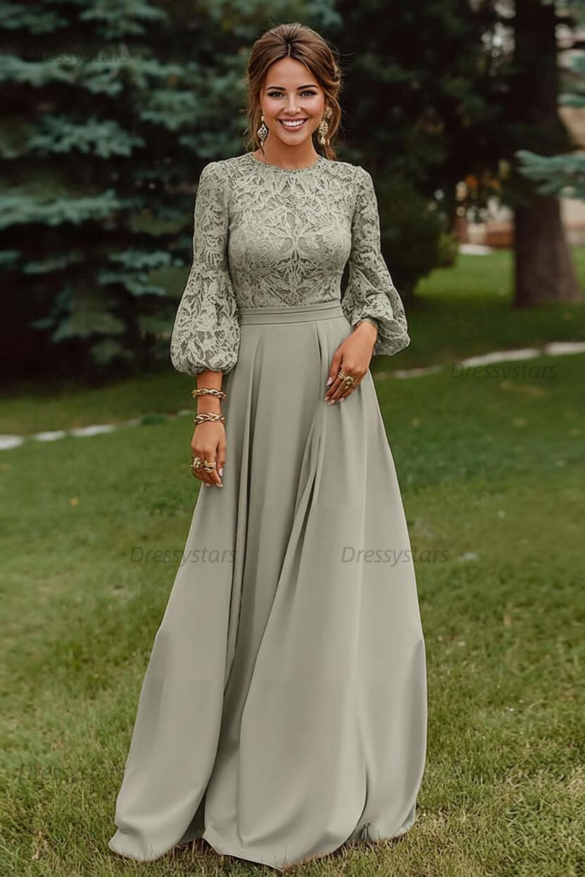 Lace Dusty Rose Puff Sleeves A Line Floor Length Mother Of The Bride Dress
