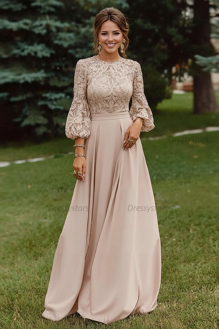 Lace Dusty Rose Puff Sleeves A Line Floor Length Mother Of The Bride Dress