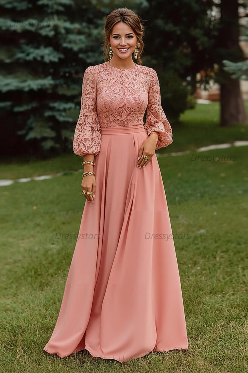 Lace Dusty Rose Puff Sleeves A Line Floor Length Mother Of The Bride Dress