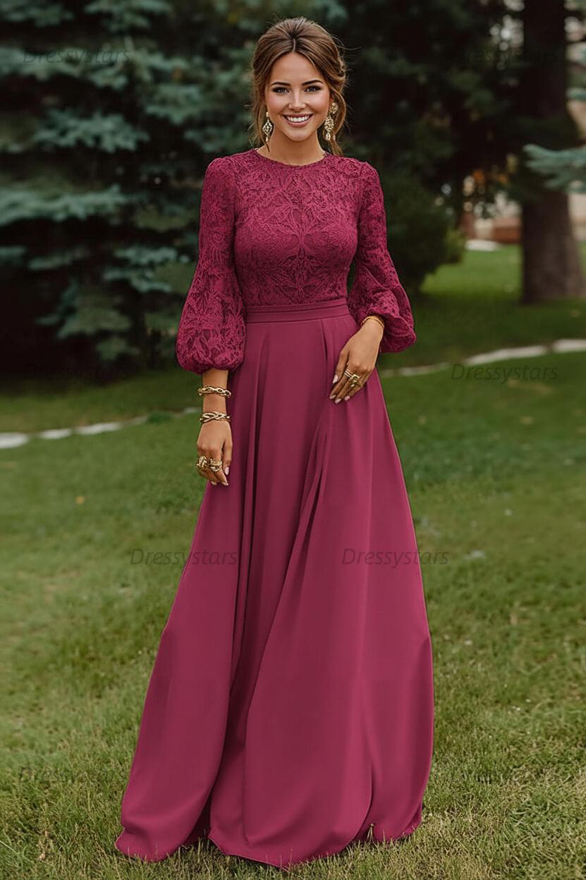 Lace Dusty Rose Puff Sleeves A Line Floor Length Mother Of The Bride Dress