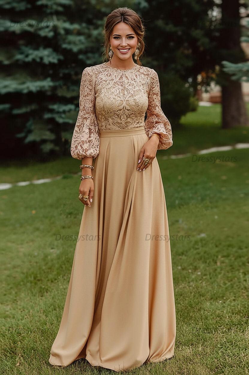 Lace Dusty Rose Puff Sleeves A Line Floor Length Mother Of The Bride Dress