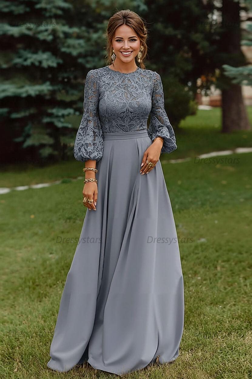 Lace Dusty Rose Puff Sleeves A Line Floor Length Mother Of The Bride Dress