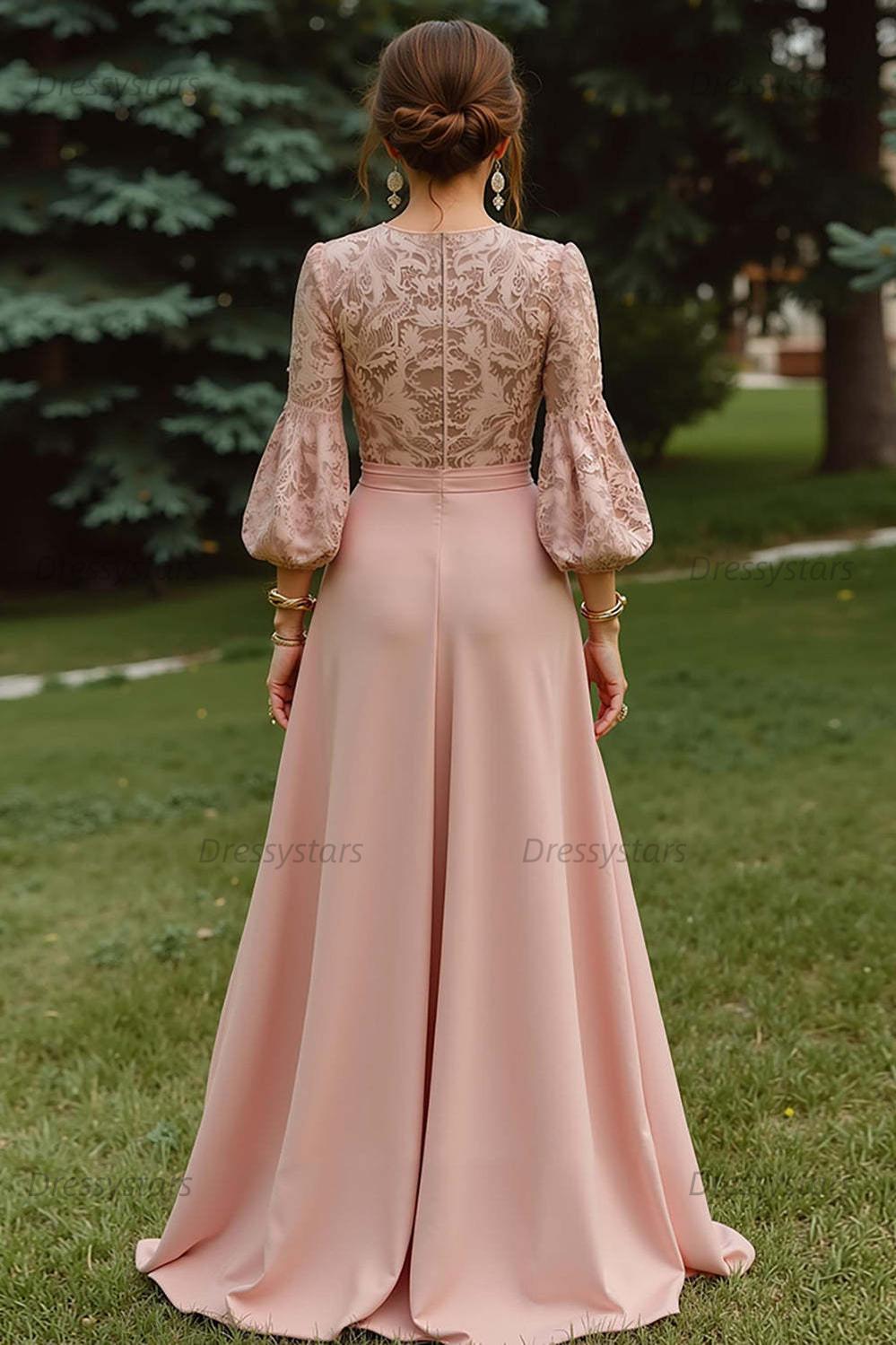 Lace Dusty Rose Puff Sleeves A Line Floor Length Mother Of The Bride Dress
