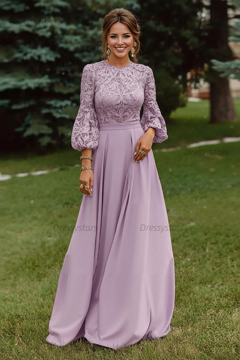 Lace Dusty Rose Puff Sleeves A Line Floor Length Mother Of The Bride Dress