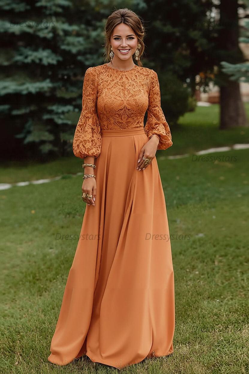 Lace Dusty Rose Puff Sleeves A Line Floor Length Mother Of The Bride Dress